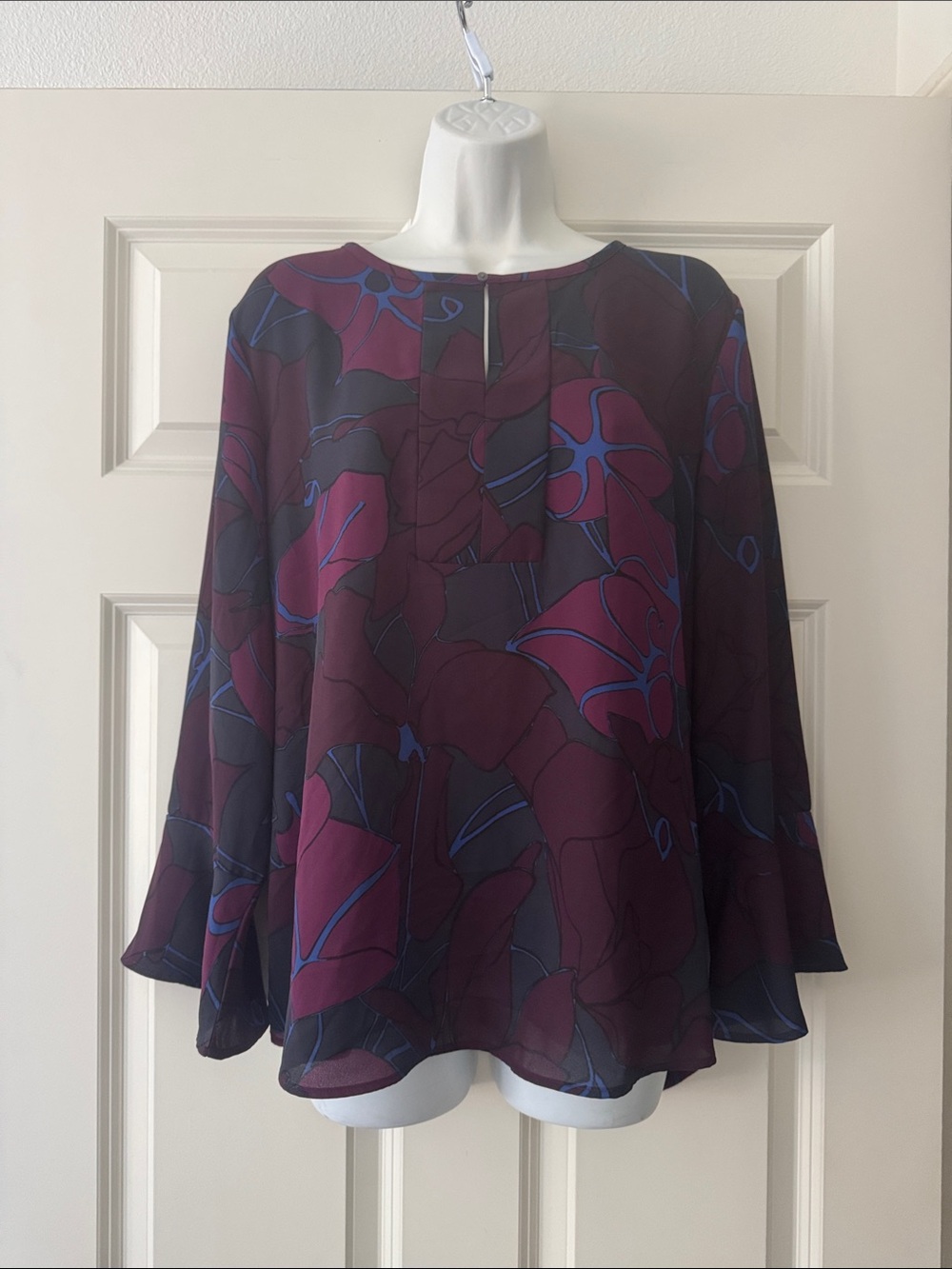 LOFT Plum and Blue Floral Blouse with Bell sleeves size M